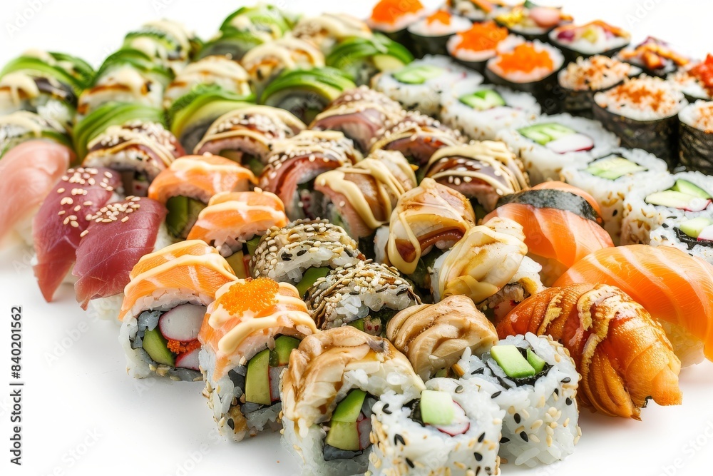 Assorted sushi rolls with fresh fish and vegetables, perfect for a colorful and flavorful meal Assorted sushi rolls with fresh fish and vegetables, perfect for a colorful and flavorful meal