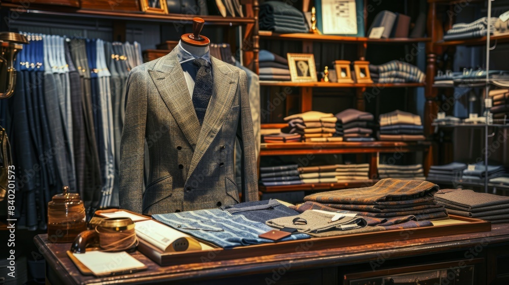 Dapper Gentlemen Custom Tailor Shop with Stylish Suits Measuring Tapes and Fabric Samples Business Cards Mockup Dapper Gentlemen Custom Tailor Shop with Stylish Suits Measuring Tapes and Fabric Samples Business Cards Mockup