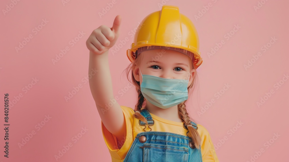 Young girl wearing a construction helmet and face mask giving thumbs up, safety concept with pink background. Young girl wearing a construction helmet and face mask giving thumbs up, safety concept with pink background.