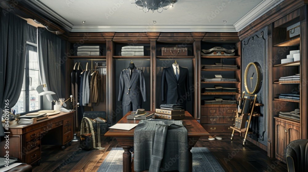 Dapper Gentlemen Custom Tailor Shop with Stylish Suits Measuring Tapes and Fabric Samples Business Cards Mockup Dapper Gentlemen Custom Tailor Shop with Stylish Suits Measuring Tapes and Fabric Samples Business Cards Mockup