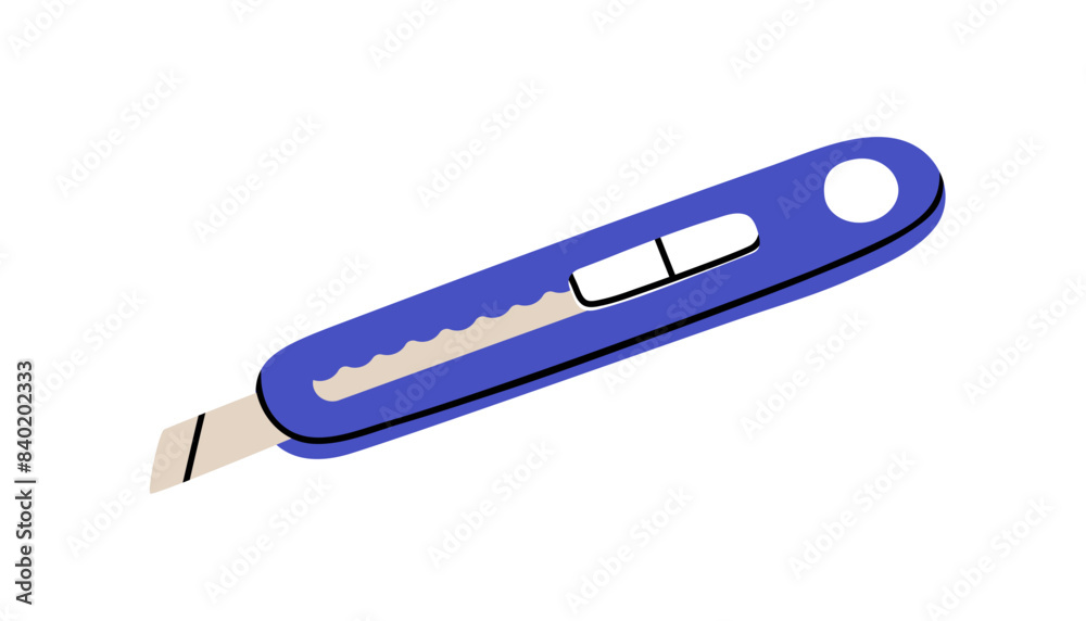 Utility knife, box cutter tool with sharp adjustable retractable blade. Office accessory for cutting cardboard and paper. Handy stationery. Flat vector illustration isolated on white background Utility knife, box cutter tool with sharp adjustable retractable blade. Office accessory for cutting cardboard and paper. Handy stationery. Flat vector illustration isolated on white background