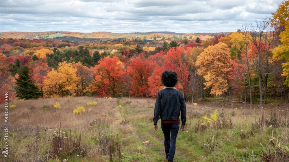 Solo Hiker Enjoying Autumn Foliage in a Picturesque Forest Landscape
