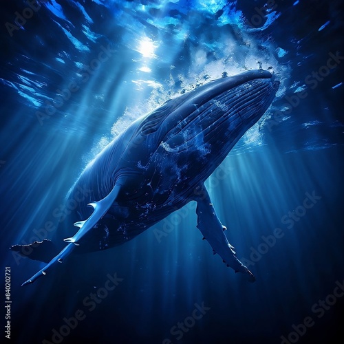 Majestic whale swims gracefully through the deep blue ocean, illuminated by rays of sunlight piercing the water's surface.