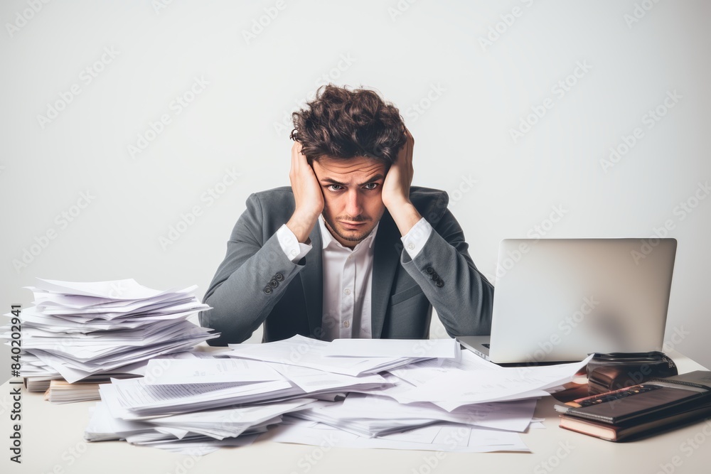 A young man is feeling stressed from work. Represents emotions of stress and anxiety. A young man is feeling stressed from work. Represents emotions of stress and anxiety.