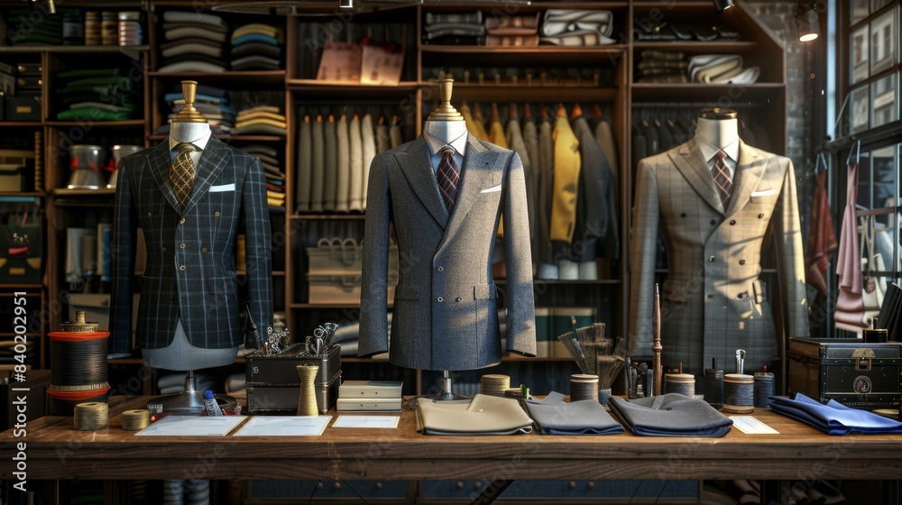 Naklejka premium Exquisite Tailored Suits Bespoke Workshop with Fine Fabrics Thread Spools and Business Cards