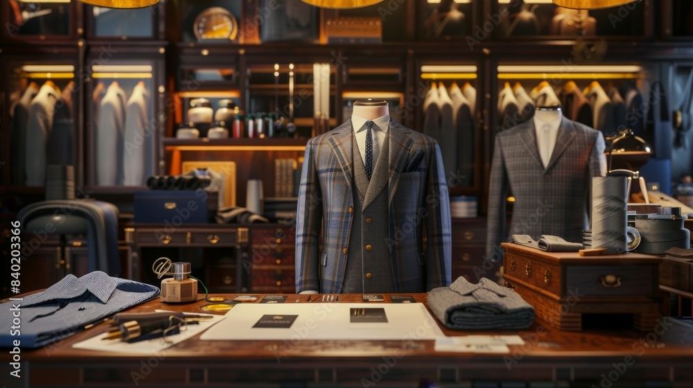 Fototapeta premium Exquisite Tailored Suits Bespoke Workshop with Fine Fabrics Thread Spools and Business Cards
