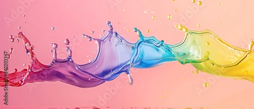 Rainbow liquid splashing in Temperature Effects, negative space, isolated on black background, advertising photoshoot, pride month LGBTQIA theme