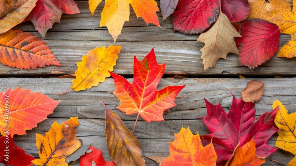 Vibrant Autumn Leaves on Rustic Wooden Background Vibrant Autumn Leaves on Rustic Wooden Background