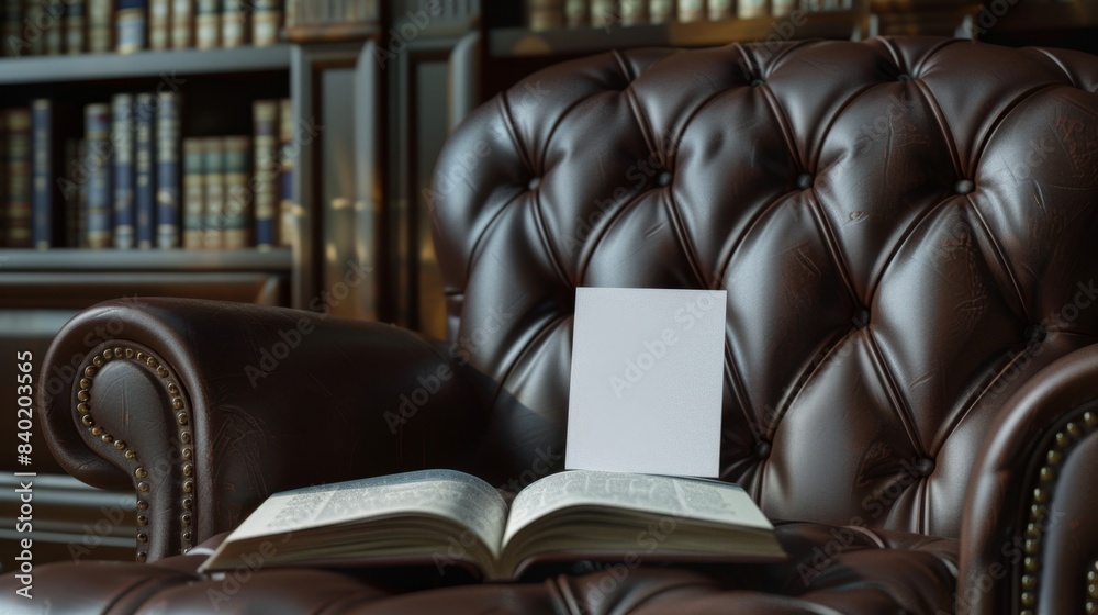 Fototapeta premium Cozy Reading Nook Blank Business Cards Nestled in Open Book on Leather Armchair