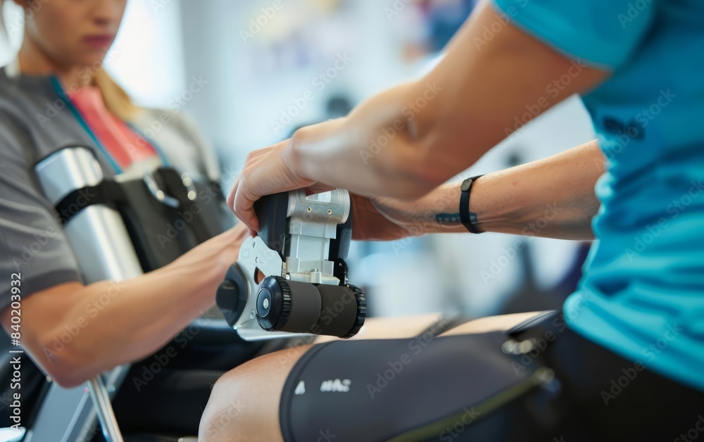 A closeup of a physiotherapist using hightech tools to guide a patient through an exercise routine A closeup of a physiotherapist using hightech tools to guide a patient through an exercise routine