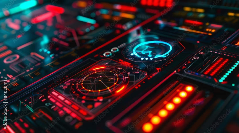 A closeup shot showcases a futuristic interface display, vividly illuminated with vibrant and dynamic colors A closeup shot showcases a futuristic interface display, vividly illuminated with vibrant and dynamic colors