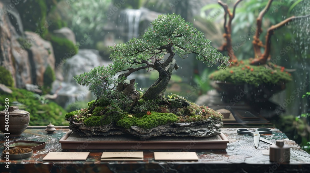 Zen Bonsai Studio Serene Workspace with Pruning Scissors Moss and Blank Business Cards Miniature Tree Artist's Haven for Meditation and Creativity Zen Bonsai Studio Serene Workspace with Pruning Scissors Moss and Blank Business Cards Miniature Tree Artist's Haven for Meditation and Creativity