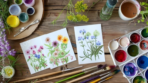 Vibrant Botanical Watercolor Studio Blank Business Cards Paintbrushes and Sketches