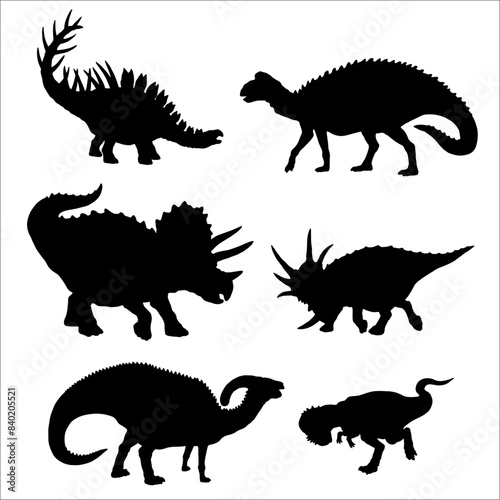 Black silhouette of herbivorous dinosaurs. Edmontosaurus, Styracosaurus, Triceratops, Kentrosaurus, Pachycephalosaur und Parasaurolophus. Vector illustration.	
