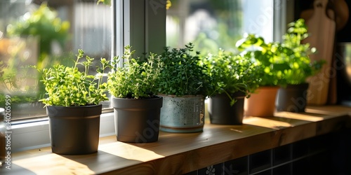Sunny kitchen corner with fresh herbs growing on windowsill. Concept Kitchen Decor, Herb Gardens, Natural Light Photography, Indoor Plant Photography, Homegrown Herbs © Anastasiia