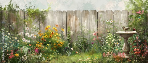 Backyard garden with an array of wildflowers, rustic wooden fencing, and a small birdbath, Cottagecore, Watercolor, Soft colors, Whimsical feel