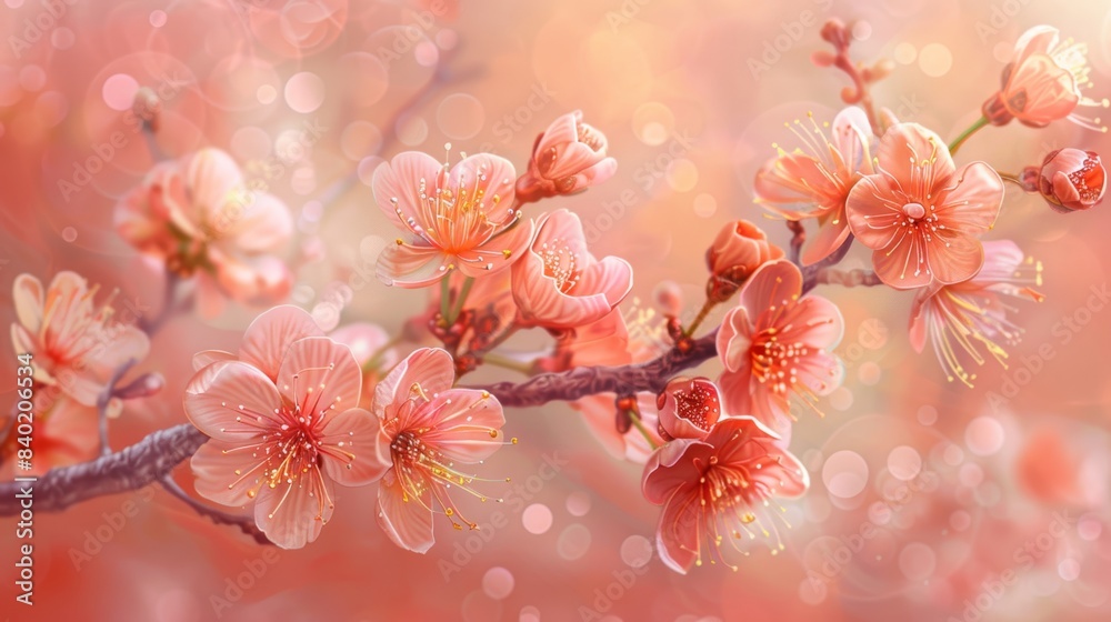 Close-up of a blooming cherry blossom with a soft focus background, highlighting the intricate petal details, Realism, Digital painting, Warm tones, Crisp clarity Close-up of a blooming cherry blossom with a soft focus background, highlighting the intricate petal details, Realism, Digital painting, Warm tones, Crisp clarity