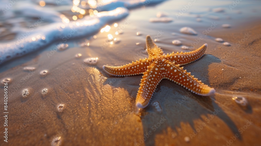 Close-up of a vibrant starfish resting on golden sand, with gentle waves in the background, Realism, Photography, Warm tones, Natural light Close-up of a vibrant starfish resting on golden sand, with gentle waves in the background, Realism, Photography, Warm tones, Natural light