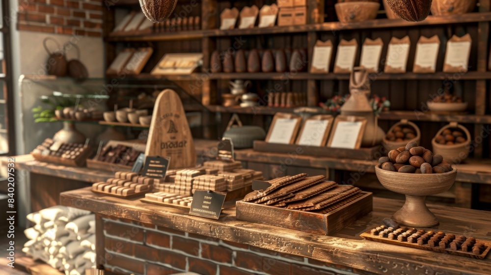 Indulge in Luxury Gourmet Chocolate Shop with Artisanal Treats Business Cards and Cocoa Bean Display Stock Image