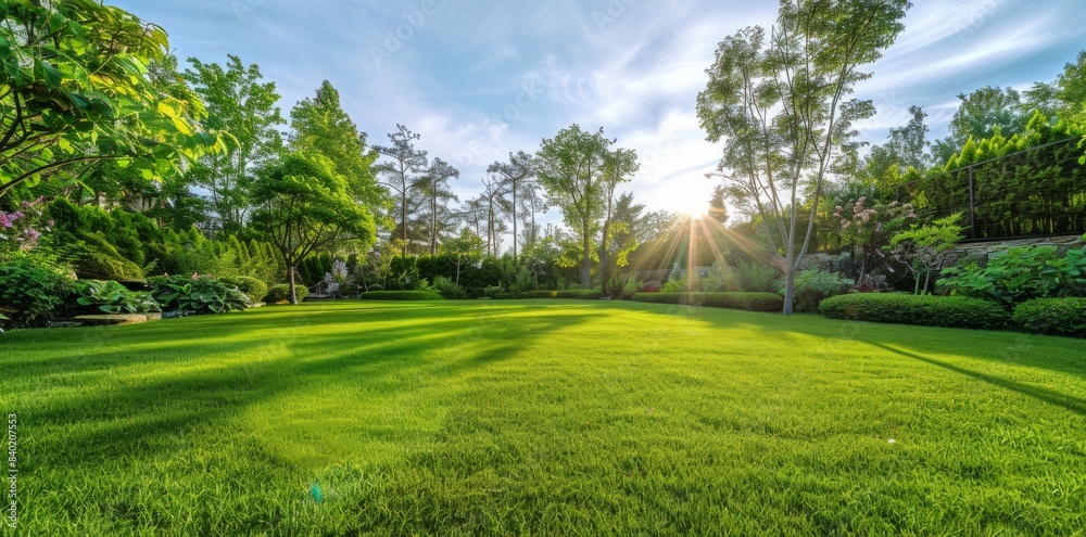 Fototapeta premium Beautiful green lawn with trees and shrubs in the background