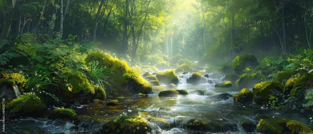 Gentle stream in a forest setting, with moss-covered rocks and dappled sunlight, Enchanting, Digital painting, Bright colors, Tranquil mood Gentle stream in a forest setting, with moss-covered rocks and dappled sunlight, Enchanting, Digital painting, Bright colors, Tranquil mood