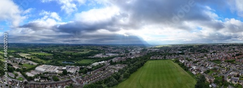 A drone's-eye view captures Dewsbury Moore Council estate's fame, a typical UK urban council-owned housing development with red-brick terraced homes and the industrial Yorkshire photo