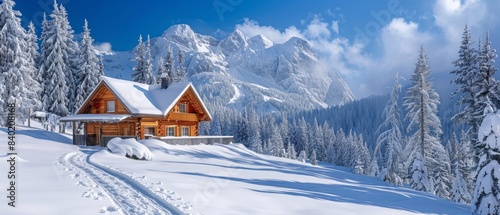 Picturesque mountain cabin covered in snow, surrounded by pine trees, under a clear blue sky, Realism, Photography, Bright tones, Tranquil atmosphere
