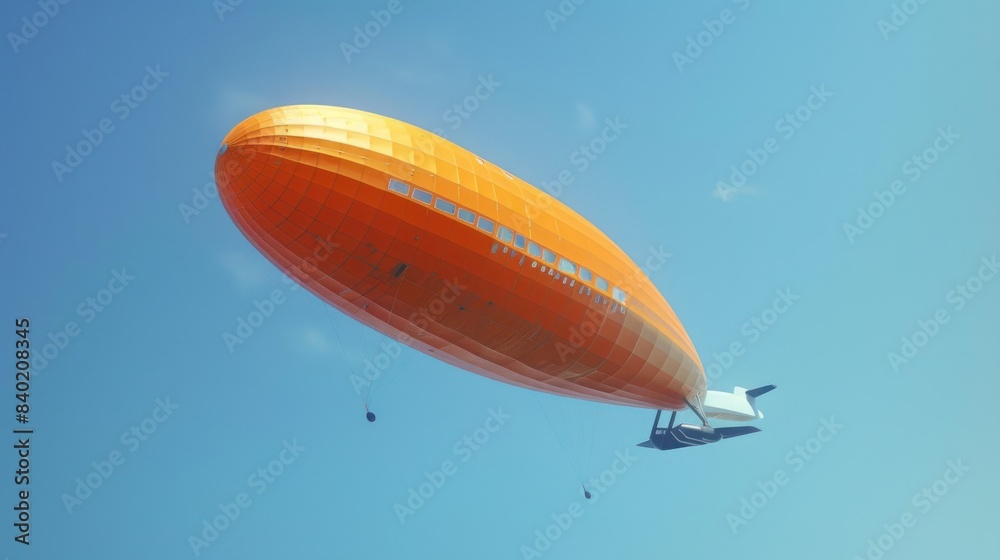 A majestic orange zeppelin floats gracefully against the clear blue sky. A majestic orange zeppelin floats gracefully against the clear blue sky.