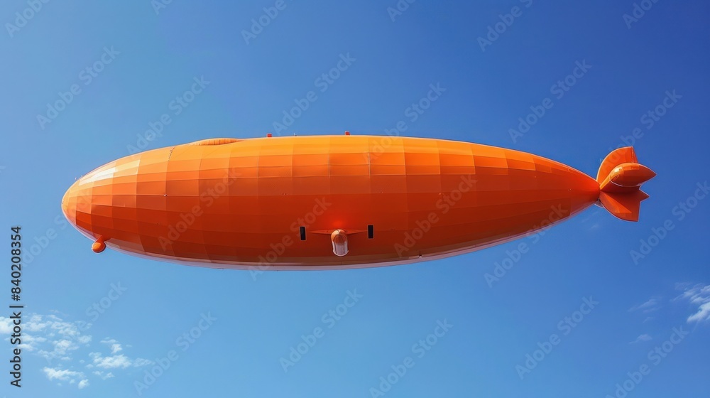 Fototapeta premium A majestic orange zeppelin floats gracefully against the clear blue sky.