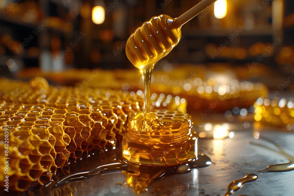 Honeycomb with Honey Dripper Drizzling Fresh Honey - Perfect for Food and Nature Design Honeycomb with Honey Dripper Drizzling Fresh Honey - Perfect for Food and Nature Design