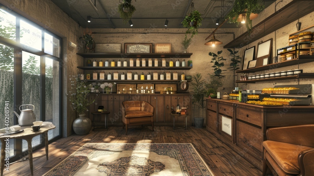 Inviting Herbal Tea Shop with Cozy Seating Loose Leaf Teas and Business Cards A Relaxing Atmosphere for Tea Enthusiasts Inviting Herbal Tea Shop with Cozy Seating Loose Leaf Teas and Business Cards A Relaxing Atmosphere for Tea Enthusiasts