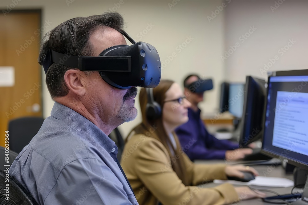 Employees learn essential cybersecurity measures in a training session conducted within an immersive virtual reality environment Employees learn essential cybersecurity measures in a training session conducted within an immersive virtual reality environment