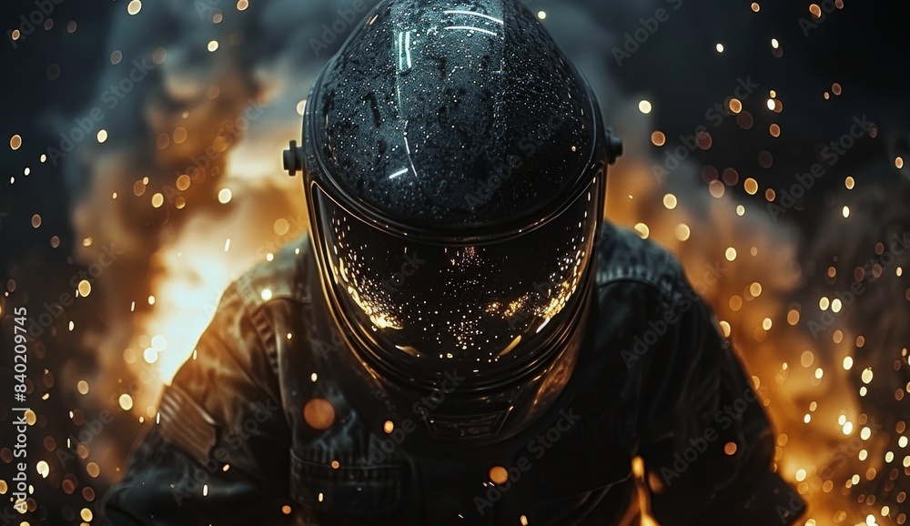 Fototapeta premium Man In A Helmet Surrounded By Sparks And Smoke