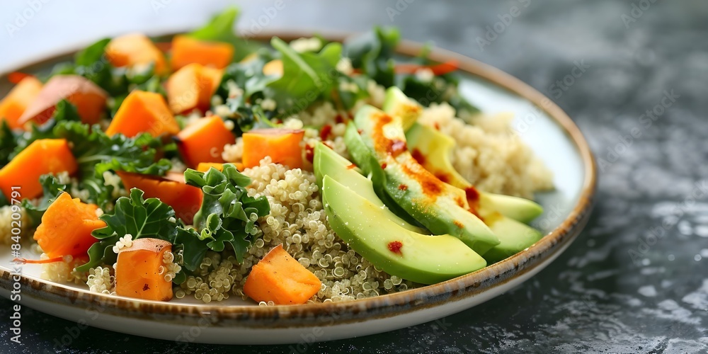 Warm vegetarian salad with quinoa avocado and sweet potatoes on a plate. Concept Vegetarian Recipe, Healthy Eating, Quinoa Salad, Avocado Dish, Sweet Potato Recipe Warm vegetarian salad with quinoa avocado and sweet potatoes on a plate. Concept Vegetarian Recipe, Healthy Eating, Quinoa Salad, Avocado Dish, Sweet Potato Recipe