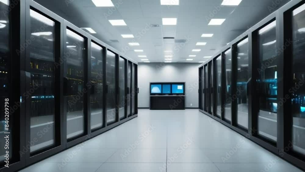 Spacious data center with rows of black server racks and ceiling lights creating a bright, organized environment. AI-generated Spacious data center with rows of black server racks and ceiling lights creating a bright, organized environment. AI-generated