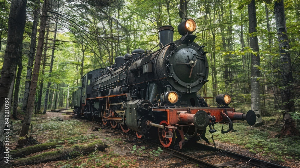 Obraz premium Old steam locomotive in the forest.