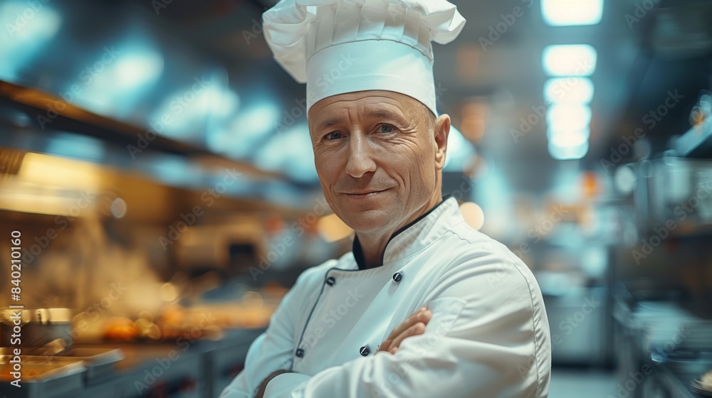 Confident Chef Standing In A Busy Restaurant Kitchen Confident Chef Standing In A Busy Restaurant Kitchen