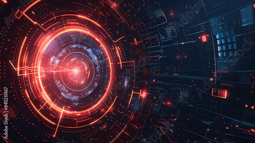 Futuristic digital interface with glowing red and blue elements, showcasing a high-tech circular design and data visualization.