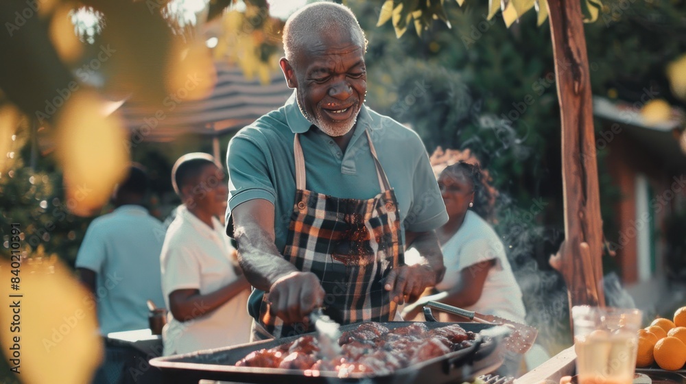 Senior man making barbecue for his large multiracial and multi-generation family who is reunited together for a family lunch