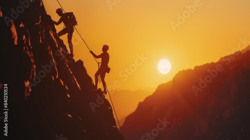 Silhouette of a climber on a rope team holding a wide-angle camera helping another climb to the top of a mountain at sunset.