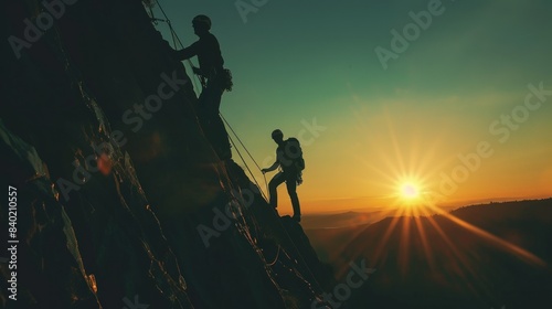 Silhouette of a climber on a rope team holding a wide-angle camera helping another climb to the top of a mountain at sunset.
