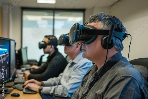 In a virtual reality setting, employees participate in a cybersecurity training session to learn how to protect against digital threats