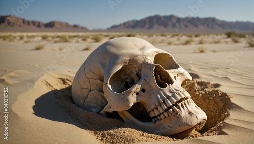 Human skull on the desert sand