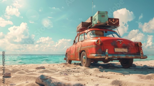Vintage car with luggage on the beach