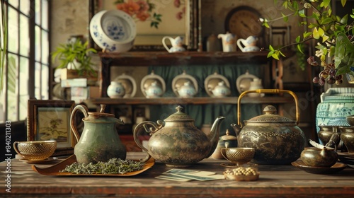 Artisan Tea Blending Vintage Teapots Loose Leaf Tea and Business Cards in a Cozy Boutique