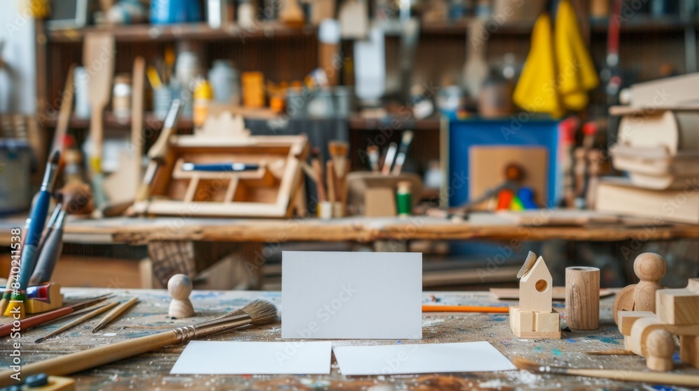 Artisan Toy Maker's Studio Handcrafted Wooden Toys Paintbrushes and Business Cards on Workbench Artisan Toy Maker's Studio Handcrafted Wooden Toys Paintbrushes and Business Cards on Workbench