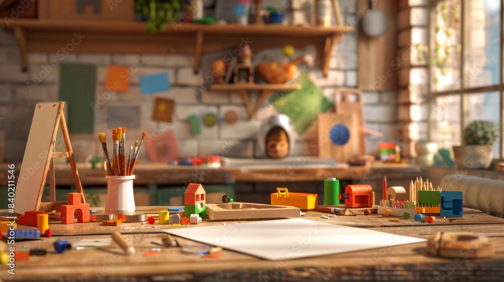 Artisan Toy Maker's Studio Handcrafted Wooden Toys Paintbrushes and Business Cards on Workbench