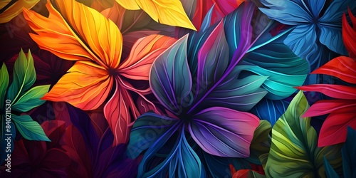 Colorful modern digital art featuring abstract geometric botanical tropical leaves in nature. Concept Abstract Art, Geometric Patterns, Botanical, Tropical Leaves, Nature Wildlife