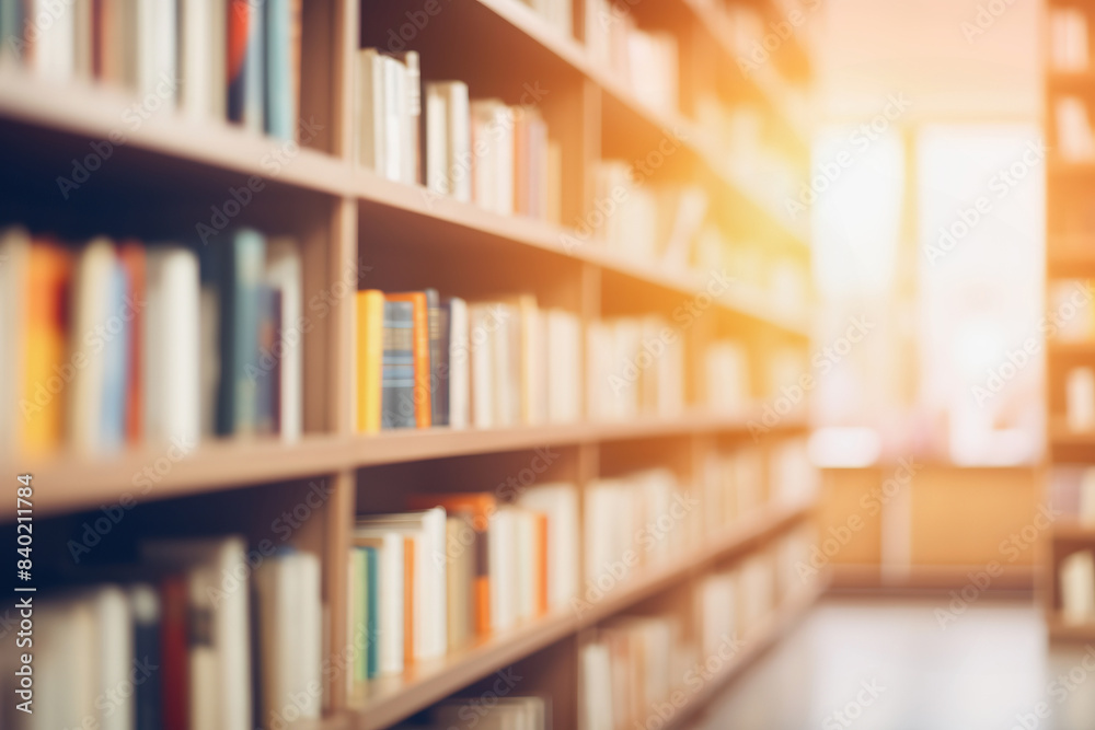 Bright sunny classroom with blurred bookshelves and tables Bright sunny classroom with blurred bookshelves and tables
