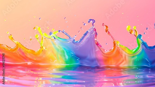 Rainbow liquid splashing in Surface Roughness, negative space, isolated on black background, advertising photoshoot, pride month LGBTQIA theme